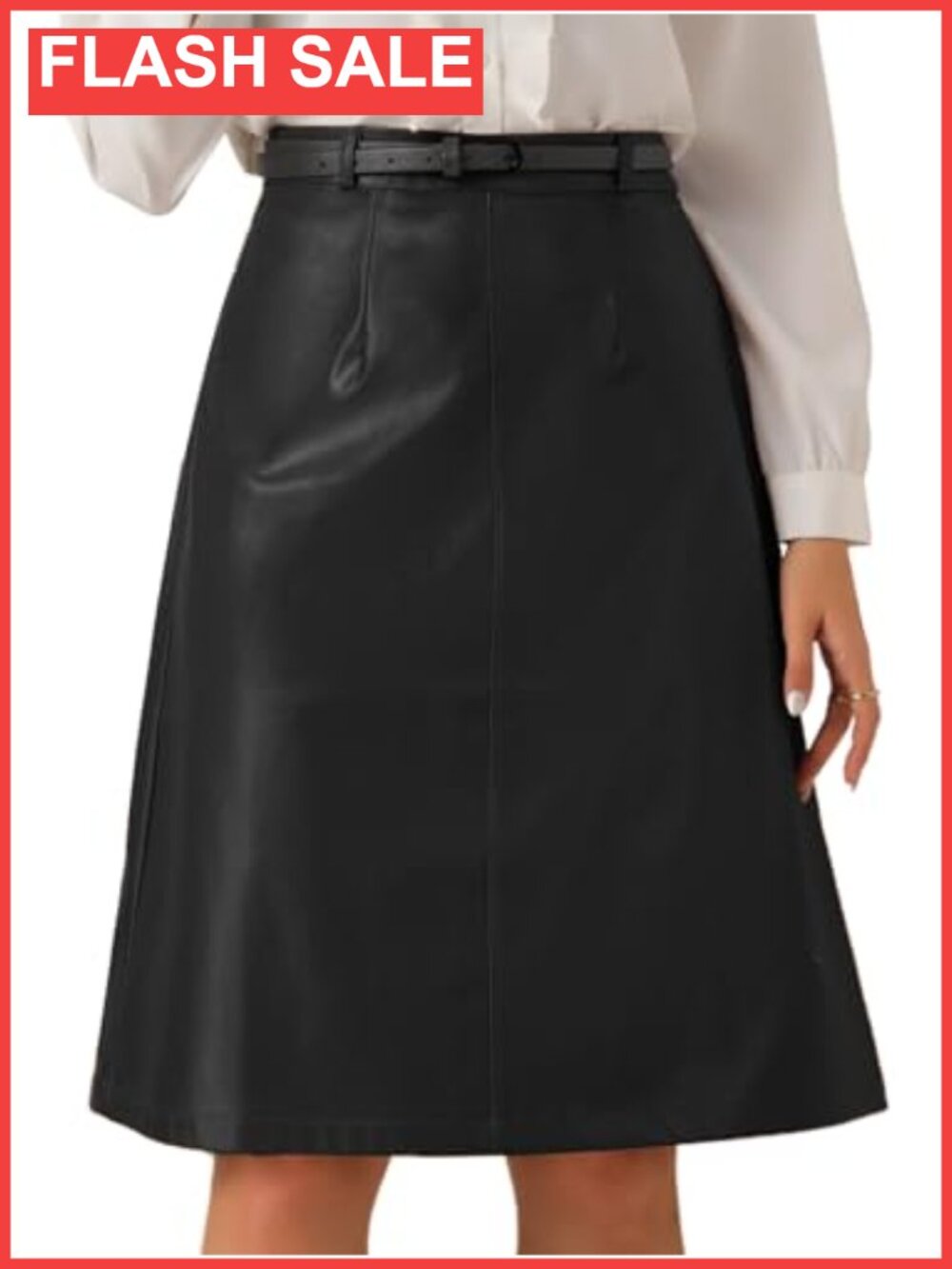 Faux Leather High Waisted A-Line Knee Length Skirt with Belt